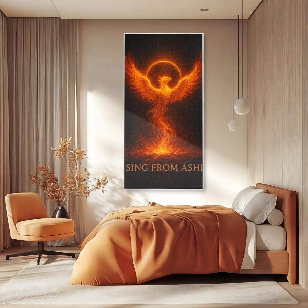 Tablou canvas cu ilustratie digitala cu pasarea phoenix din flacari, in rama de aluminiu argintiu, pe perete intr-un dormitor